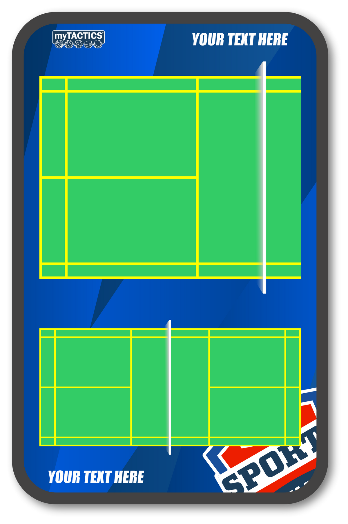 Badminton-Trainingsboard mit blauem Rahmen und grünem Spielfeldraster, myTactics-Logo
