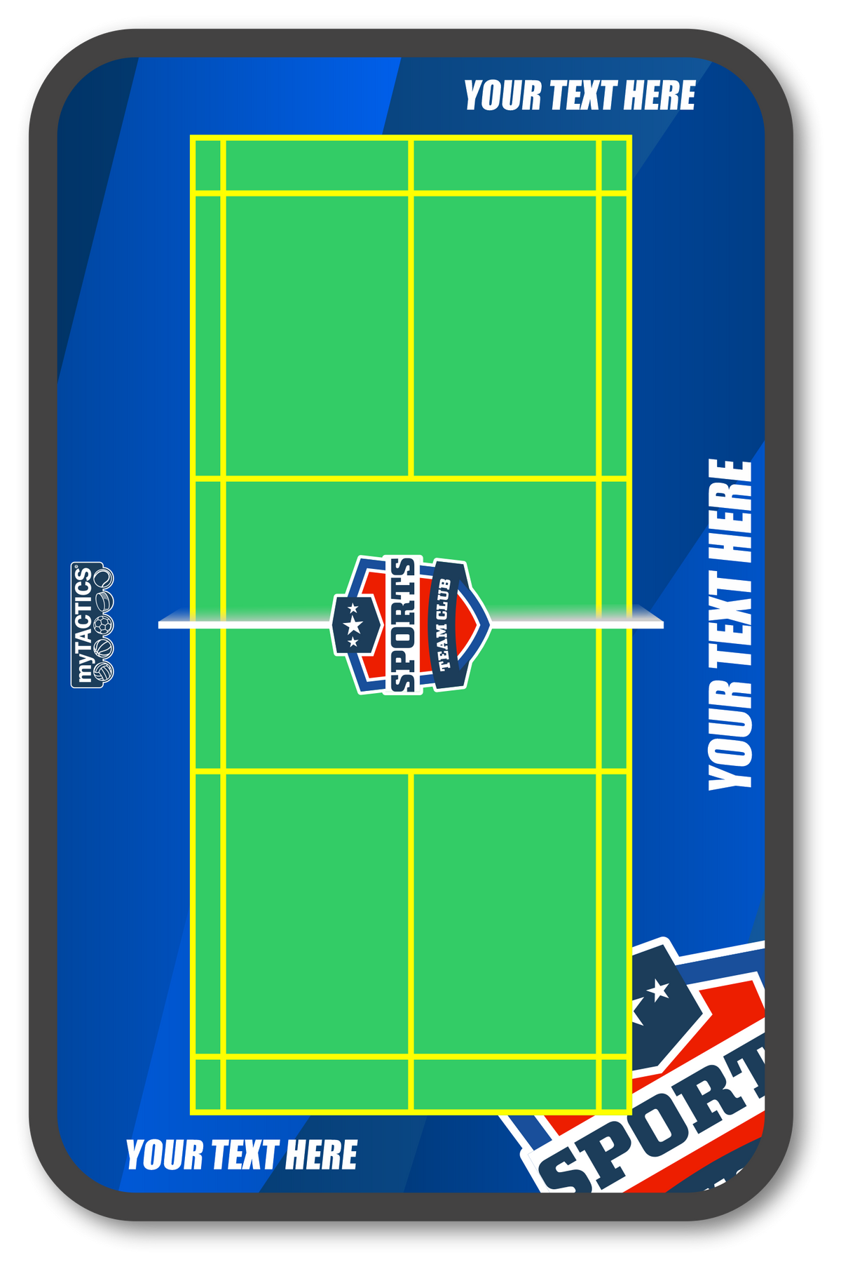 Badminton-Trainingsboard mit blauem Rahmen und grünem Spielfeldraster, myTactics-Logo
