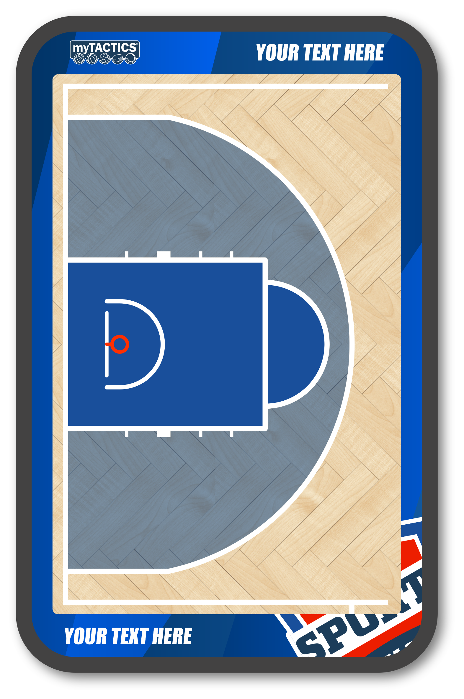 Basketball-Poster im blauen Rahmen mit Detail der Spielfeldfläche und Eckkorb