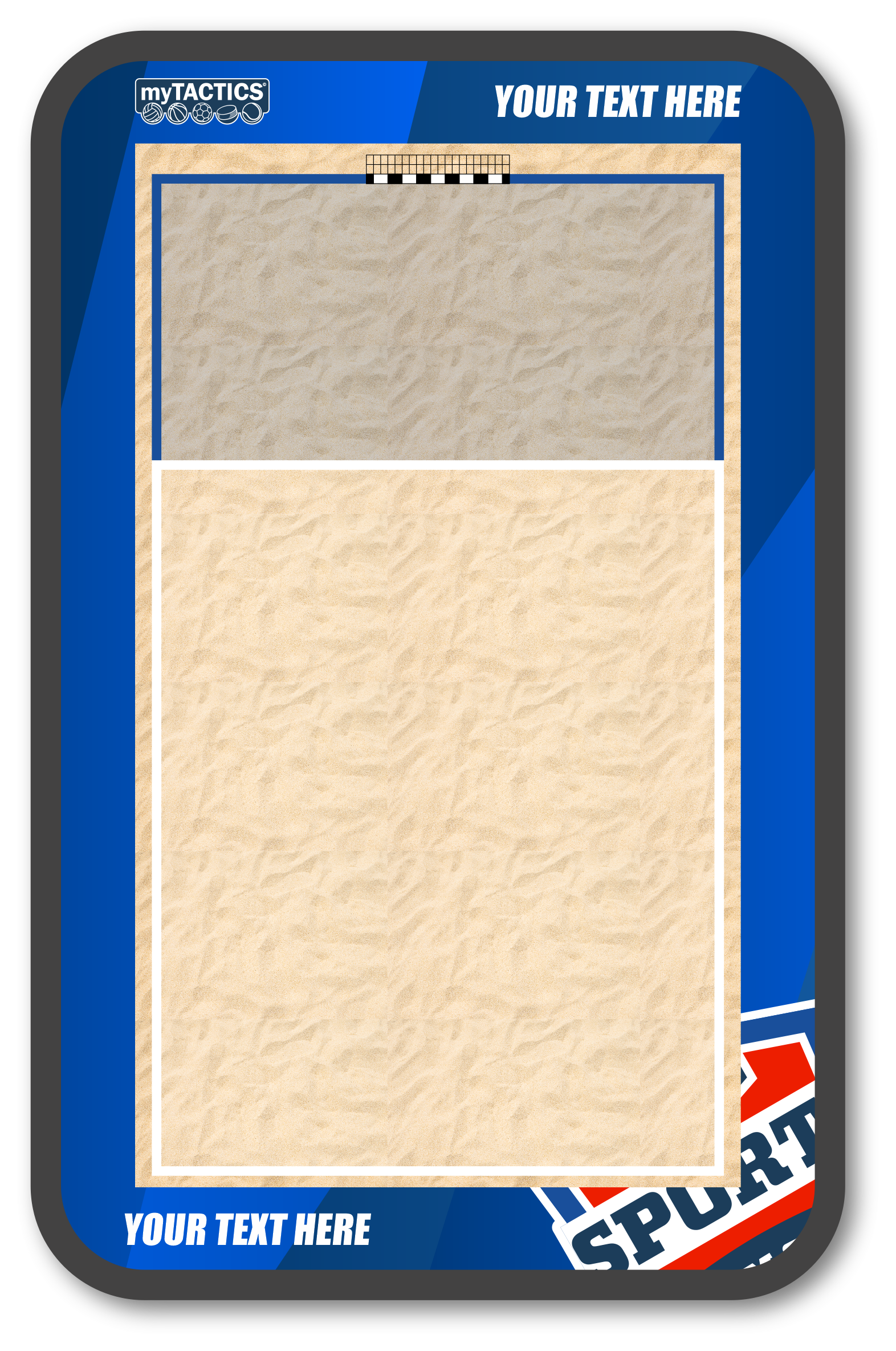 Beachhandball-Werbeplakat mit einem beigen Rechteck im blauen Rahmen