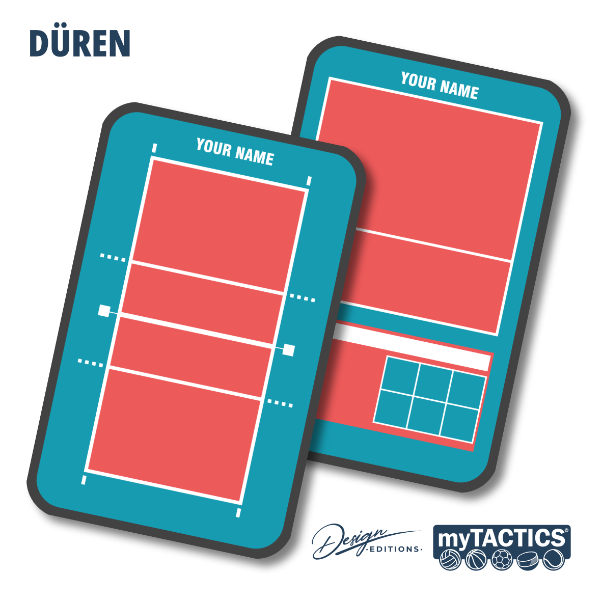 Volleyball-Design-Vorlage mit Namensfeld, türkis/blauem Rahmen und roten Spielfeldflächen