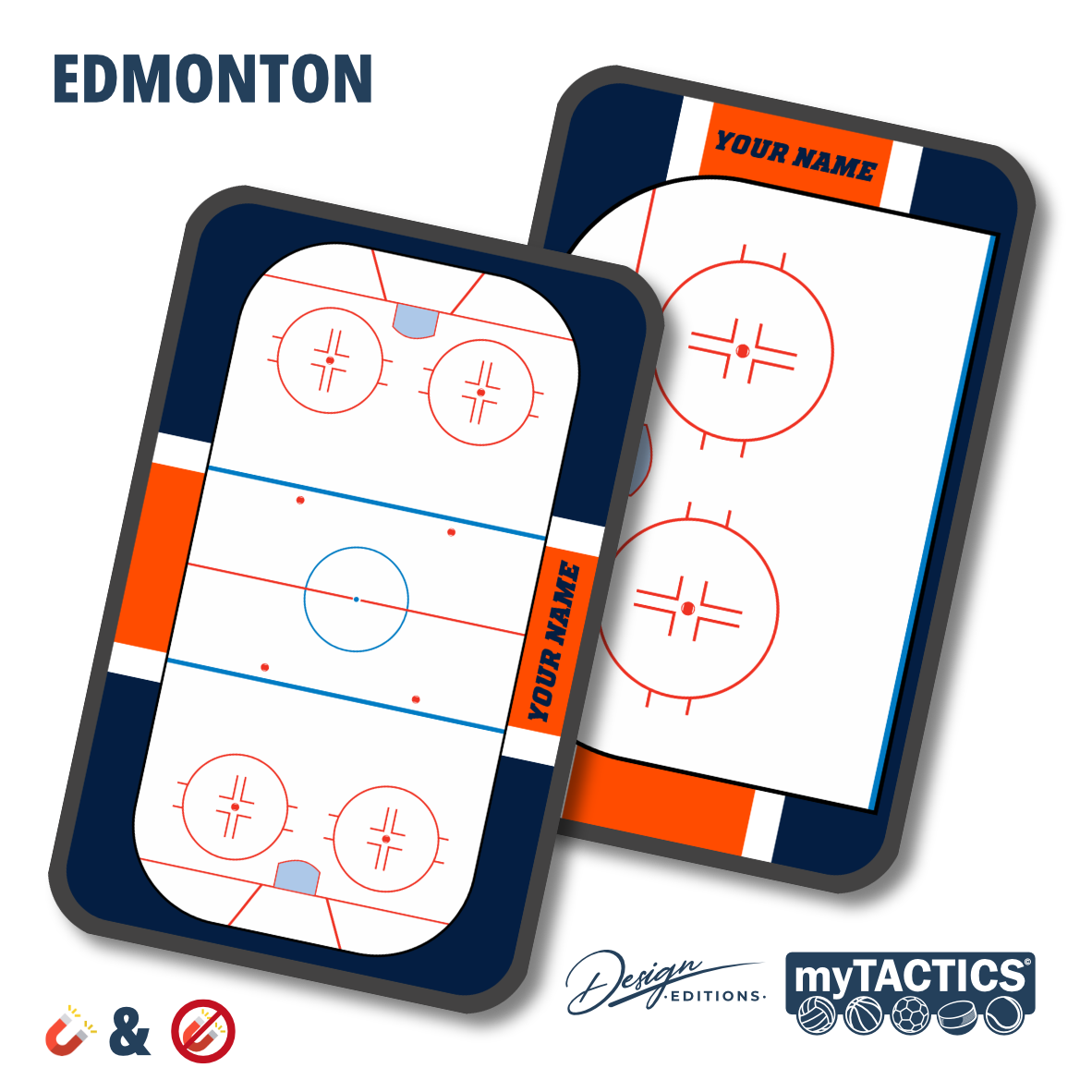 Eishockey-Taktiktafeln-Set mit zwei Magnettafeln, blauem Rahmen mit orangefarbener Akzentkante
