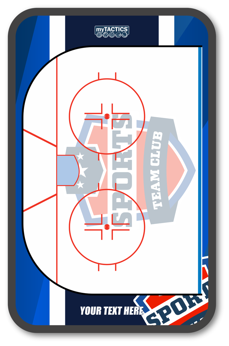Eishockey-Taktikbrett blau-weiß mit Spielfeldgrafik und Team-Club-Logo