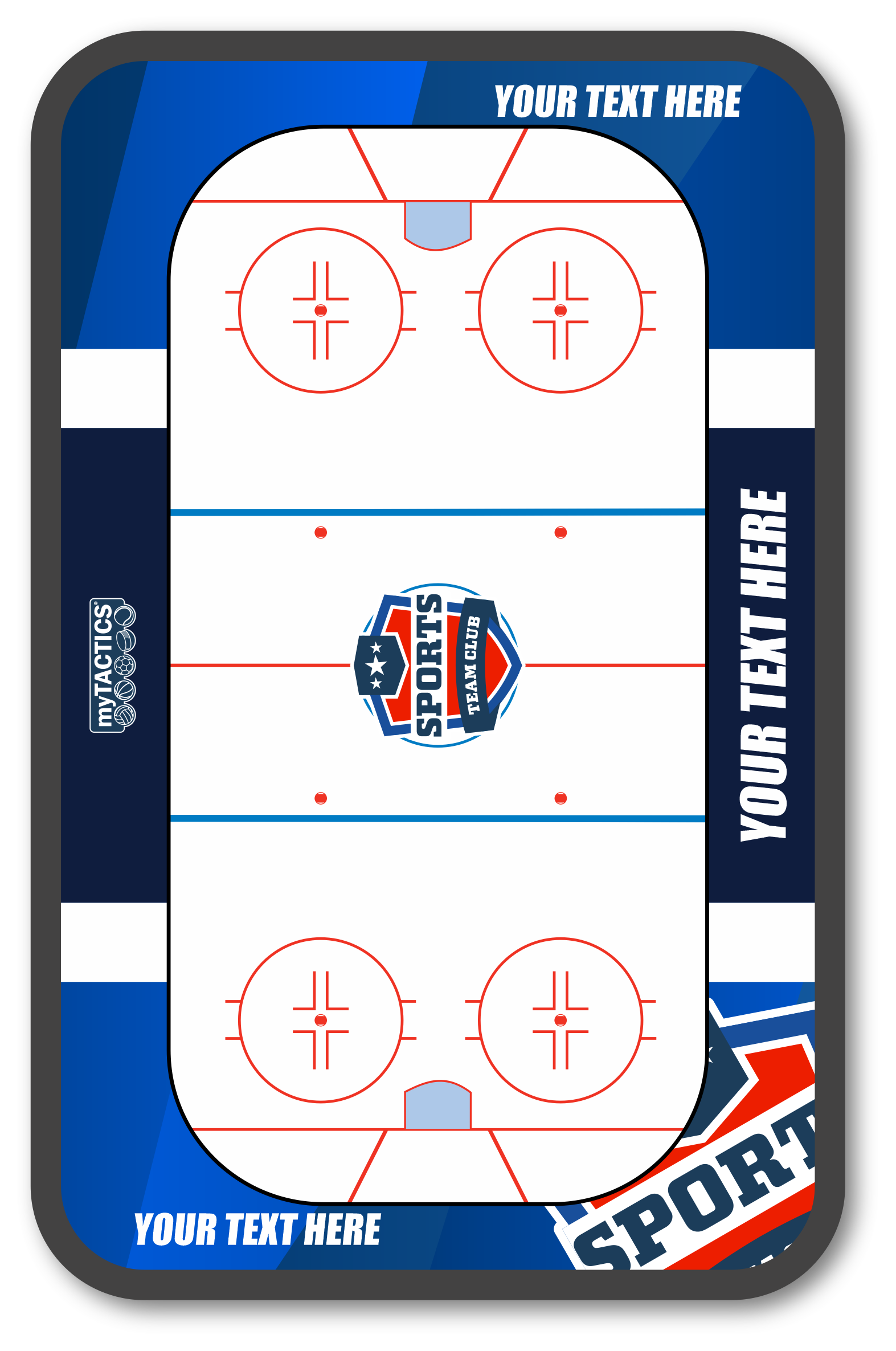 Eishockey-Taktikbrett mit roten Kreisen, Torwart-Symbolen und Sport-Aufdruck