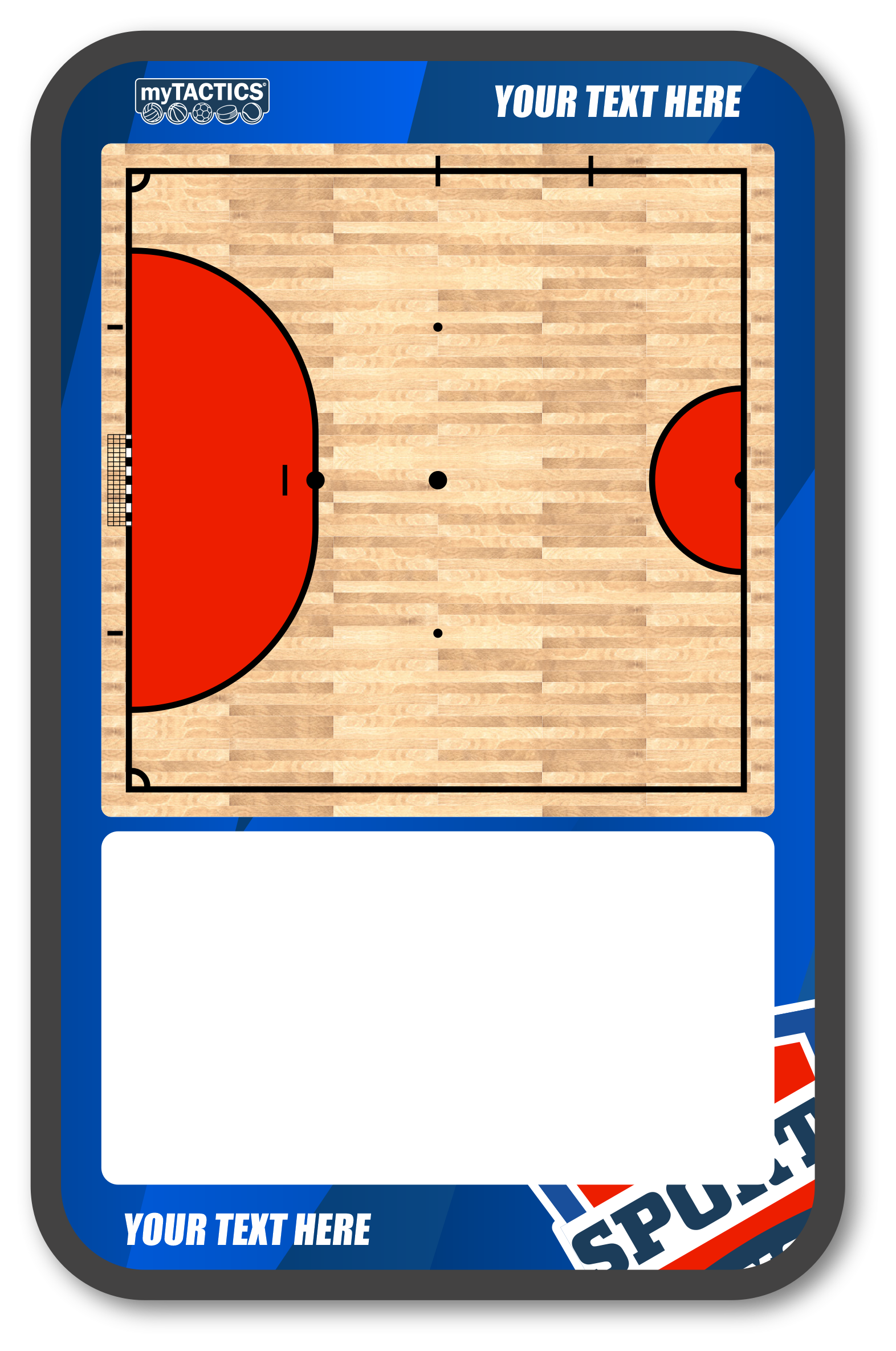 Futsal-Platzgrafik mit Spielfeldlinien und roten Torbereichen auf Holzoptik