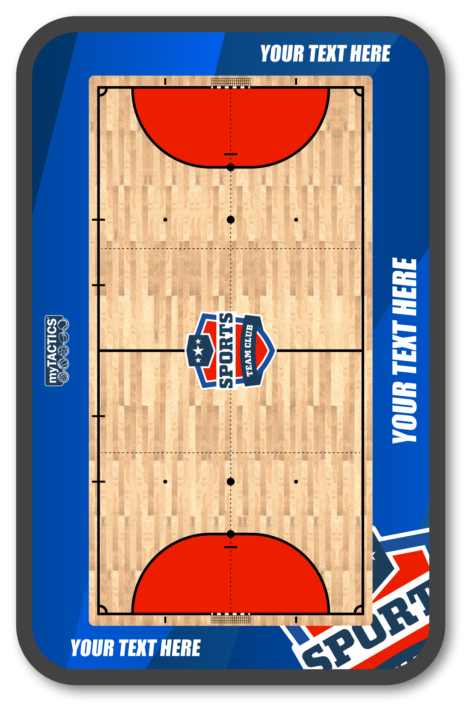 Futsal-Platzgrafik mit Spielfeldlinien, roten Torzonen und mittigem Logo-Emblem