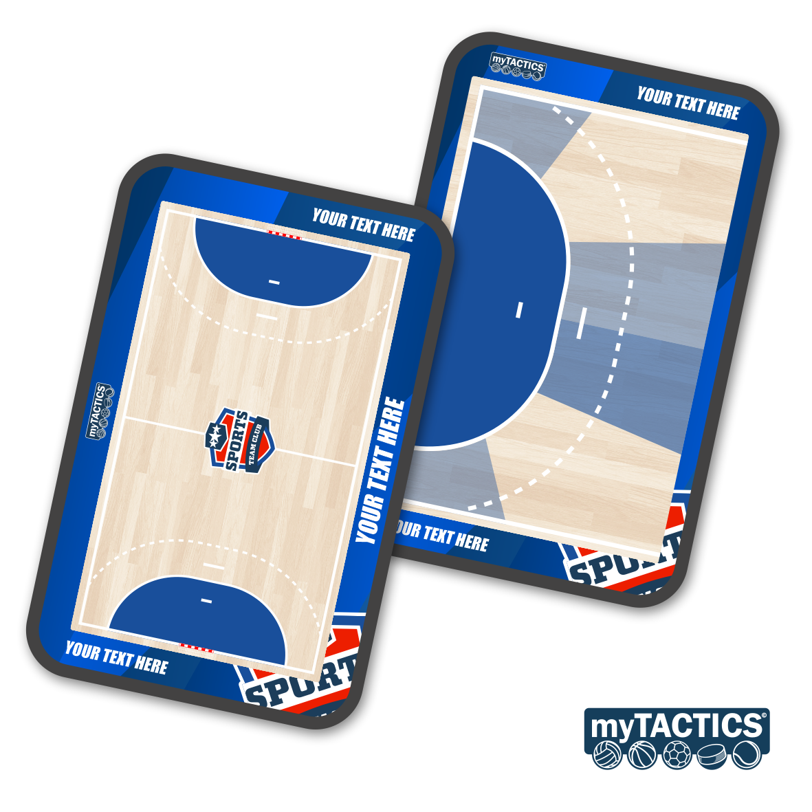 Taktiktafel-Set mit Spielfeldplan in Holzoptik und Blau (myTACTICS, 2 Boards)
