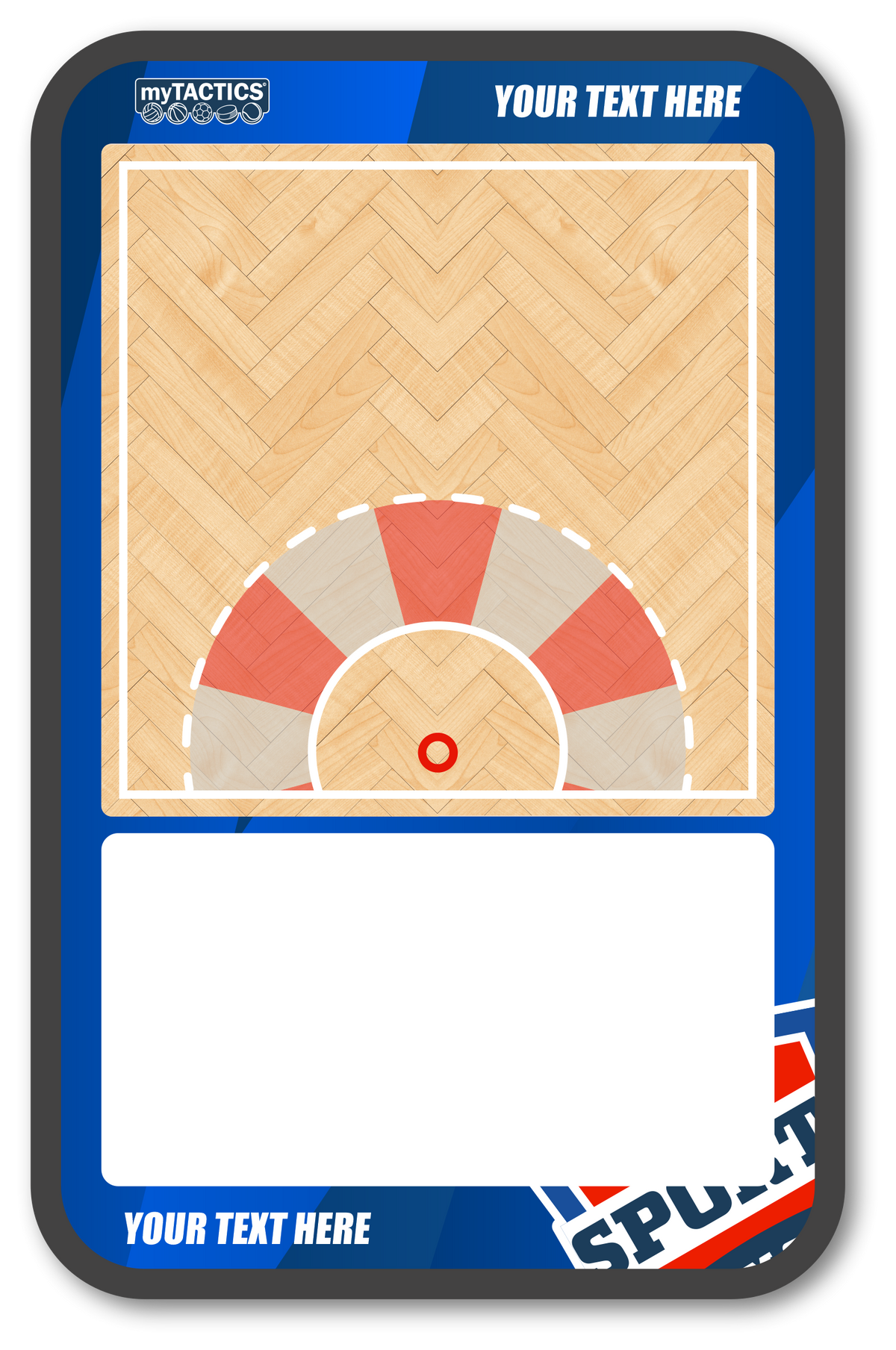 Korbball-Spielbrett mit beigem Spielfeld, roten Zonen und blauem Rahmen