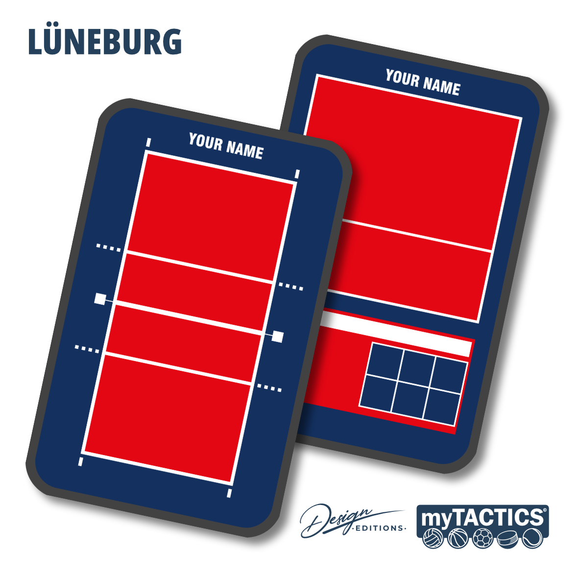 Volleyball-Design-Vorlage mit Namensfeld, marineblauem Rahmen und roten Spielfeldflächen