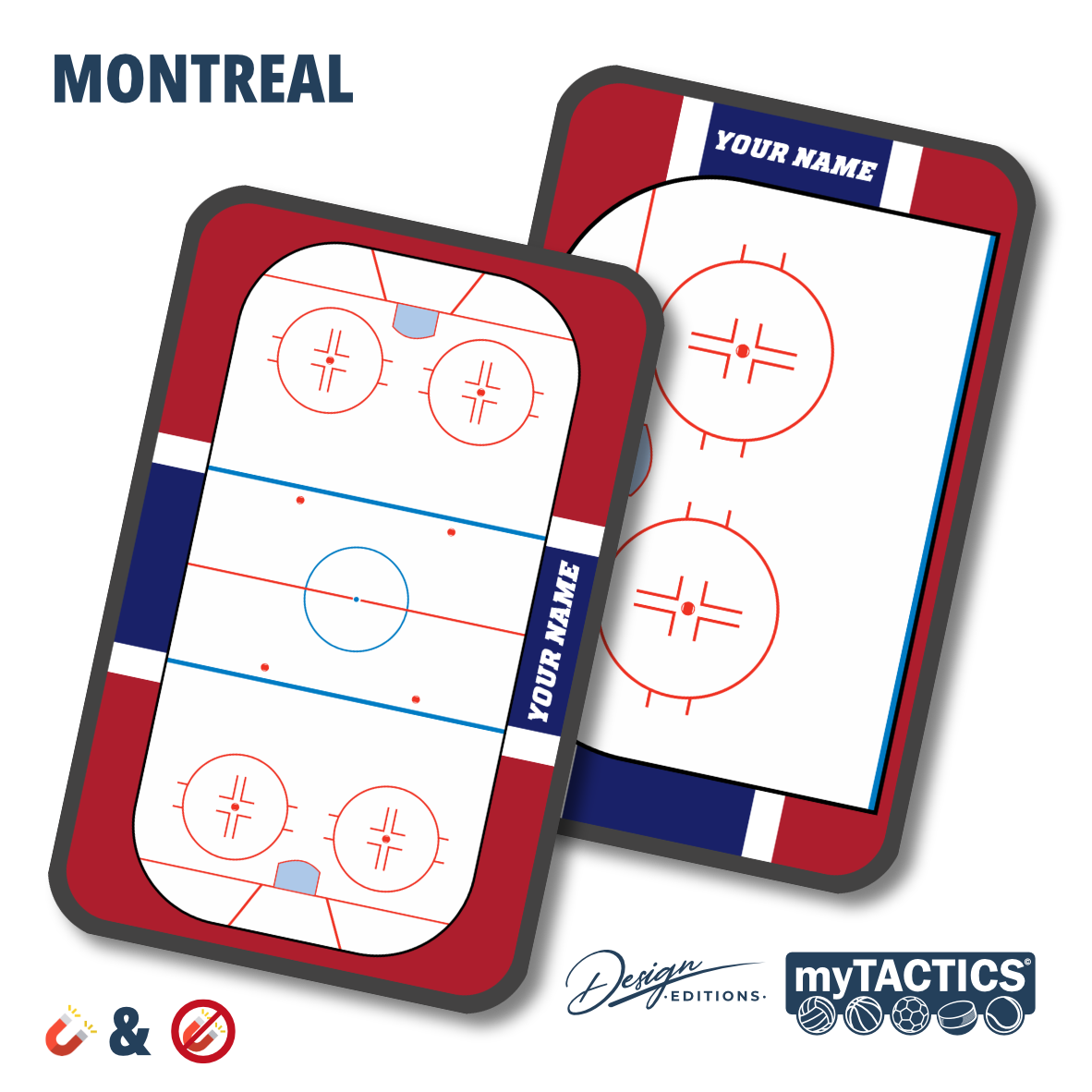 Eishockey-Taktiktafeln-Set mit zwei Magnettafeln, dunkelrotem Rahmen und roter Liniengrafik