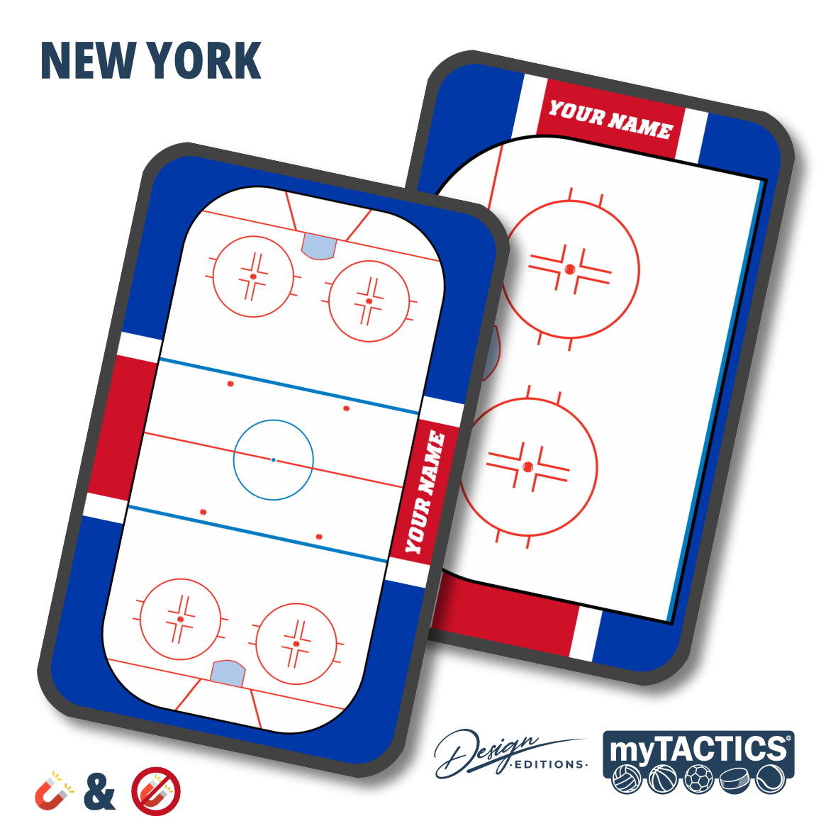 Eishockey-Taktiktafeln-Set mit zwei Magnettafeln, blauem Rahmen und roter Liniengrafik