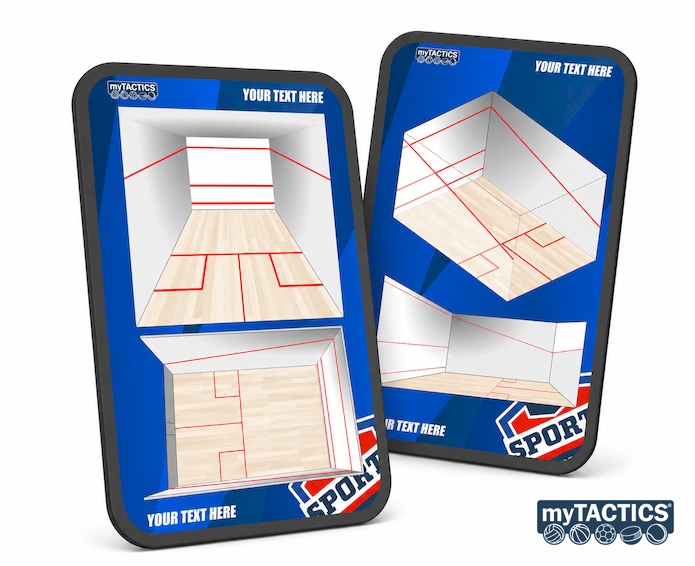 Squash-Trainingspaneele mit Court-Layout, schwarze Einfassung, blaues Design