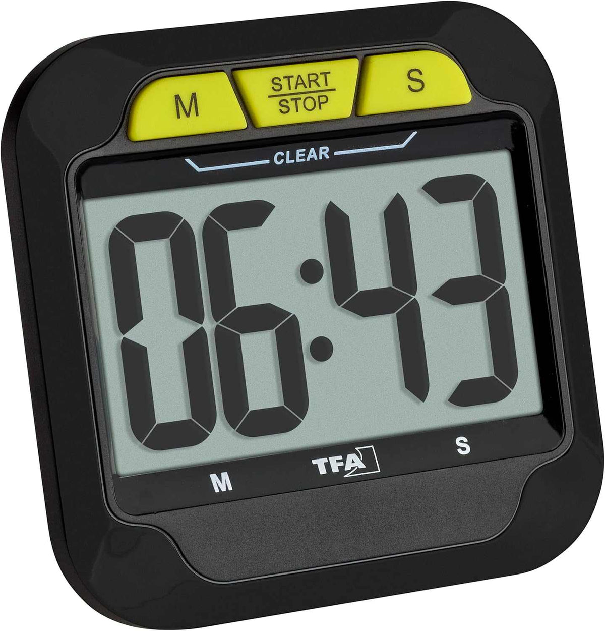 Magnetische Stoppuhr, LCD-Nahansicht mit Anzeige 00:43 und Tasten M/S, START/STOP, CLEAR