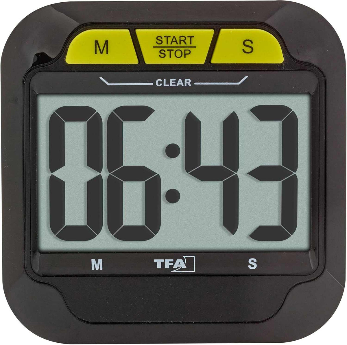 Magnetische Stoppuhr mit LCD-Anzeige 00:43 und Tasten M/S sowie START/STOP und CLEAR