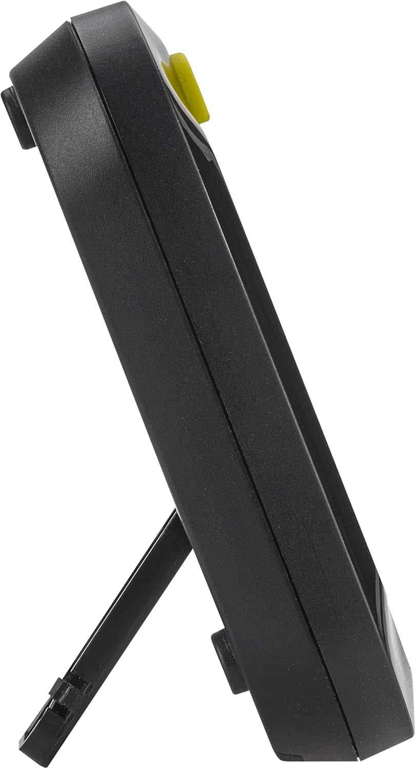 Magnetische Stoppuhr im schwarzen Gehäuse, seitliche Ansicht mit gelben START/STOP-Tasten