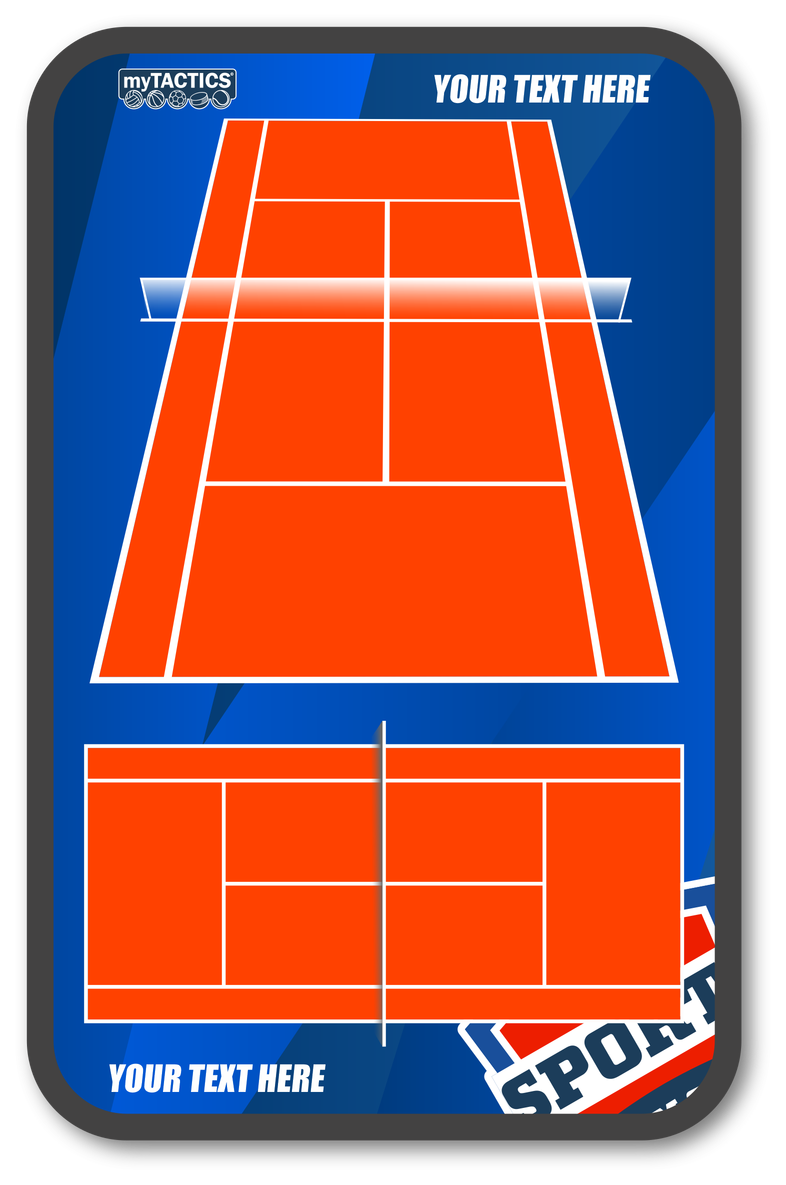 Blau gerahmte Tafel mit rotem Tennisplatz und weißen Linien