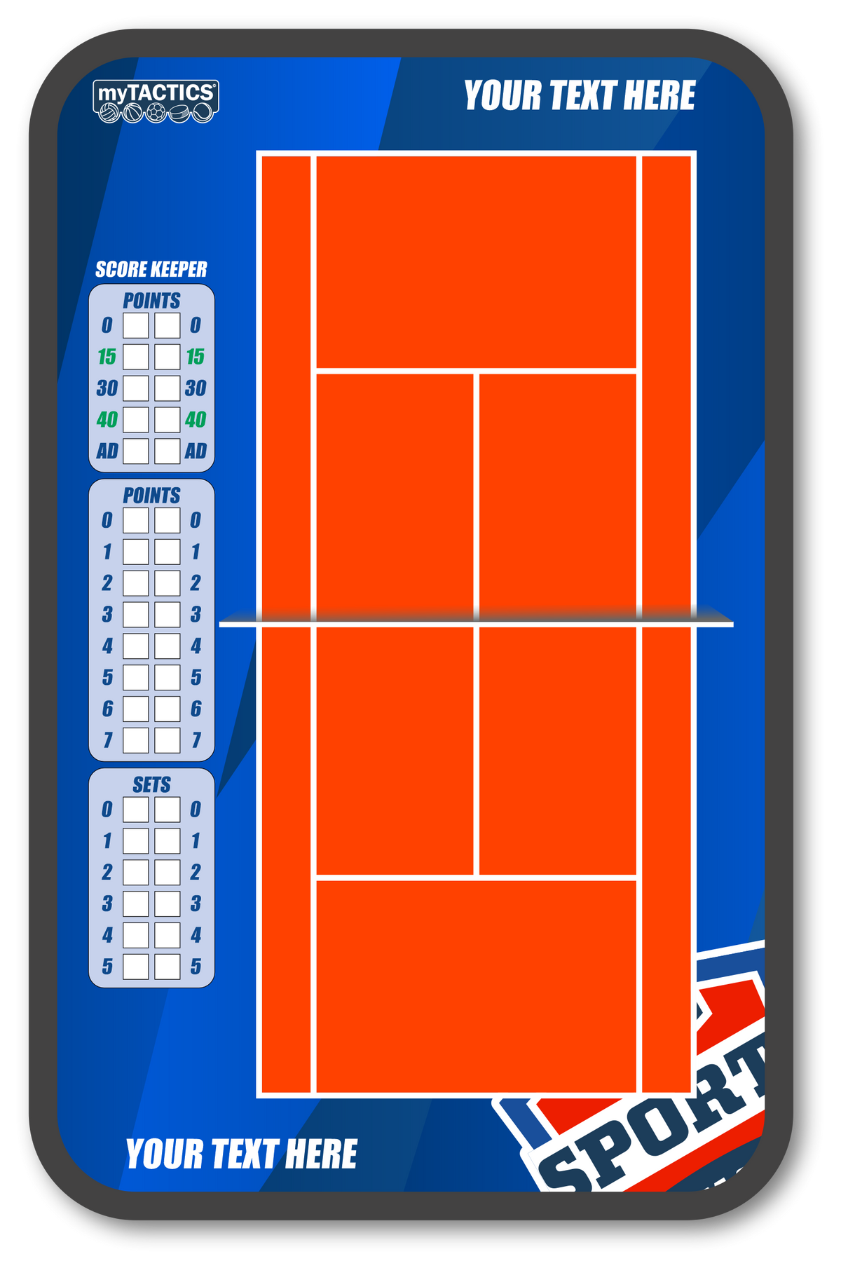 Blau gerahmte Tafel mit rotem Tennisplatz, weißen Linien und Punkteanzeige