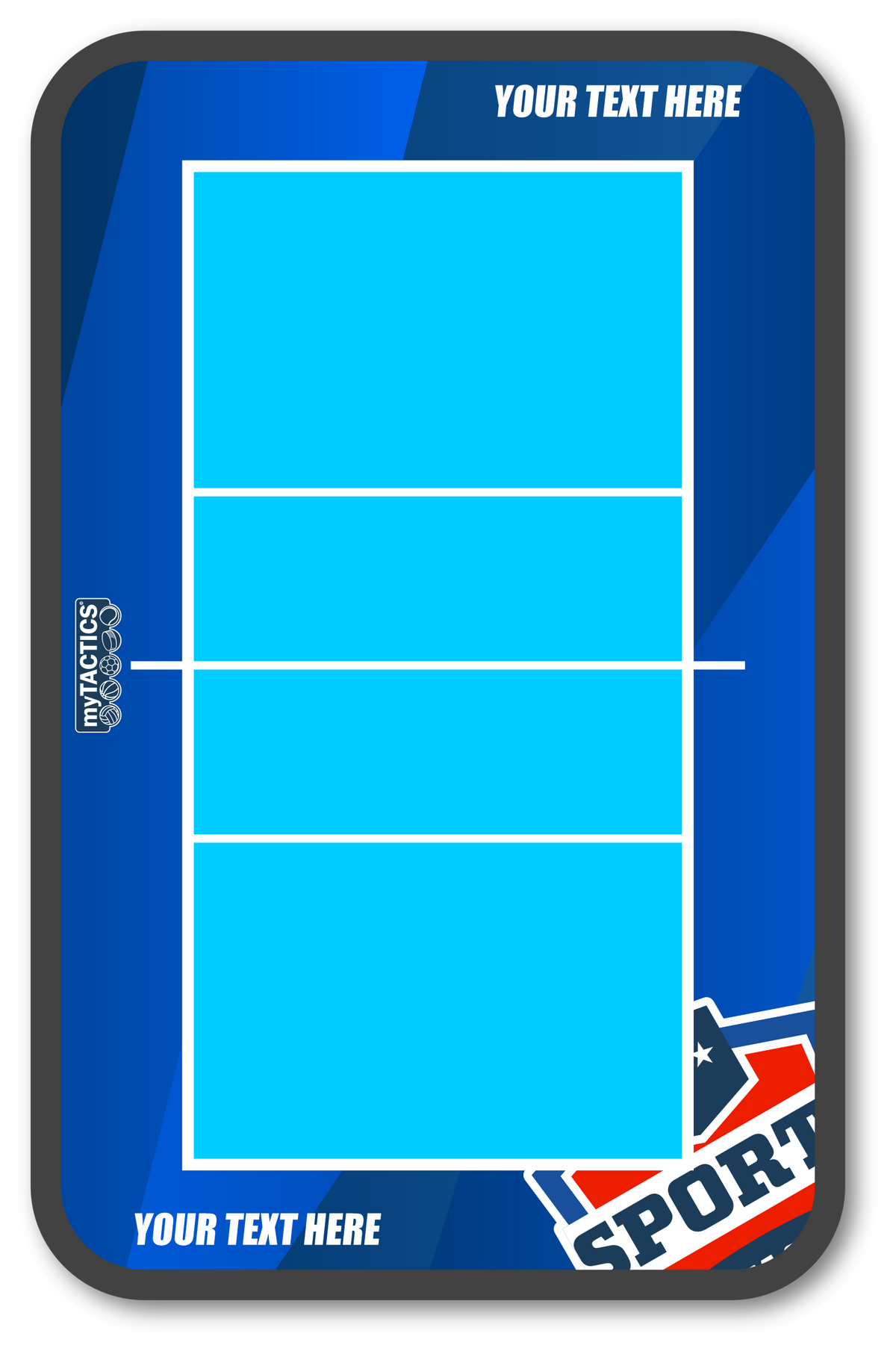 Volleyball-Taktiktafel mit blauen Rahmen und vierteiligem Platzfeld in Türkis