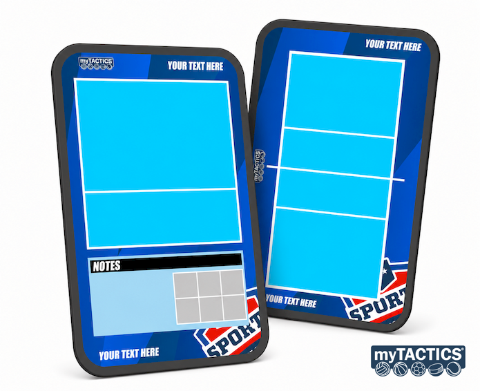 Volleyball-Taktiktafel mit blauem Display, zwei Karten mit dunklem Rahmen und Linien