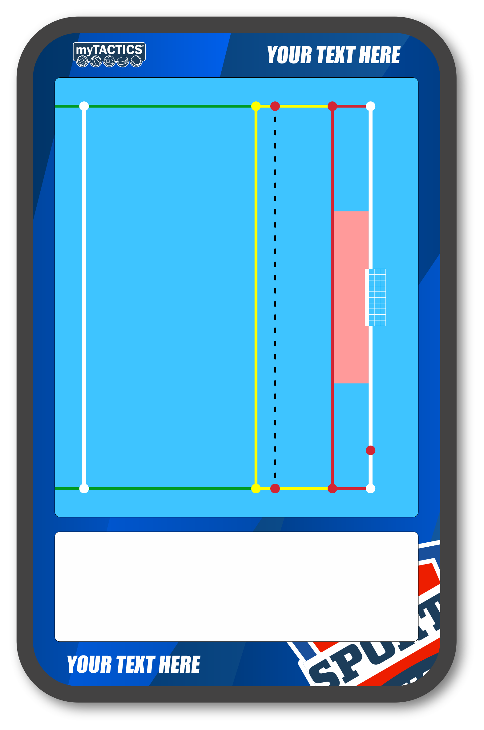 Wasserball Trainingsboard mit blauer Spielfeldgrafik auf dunklem Gerät