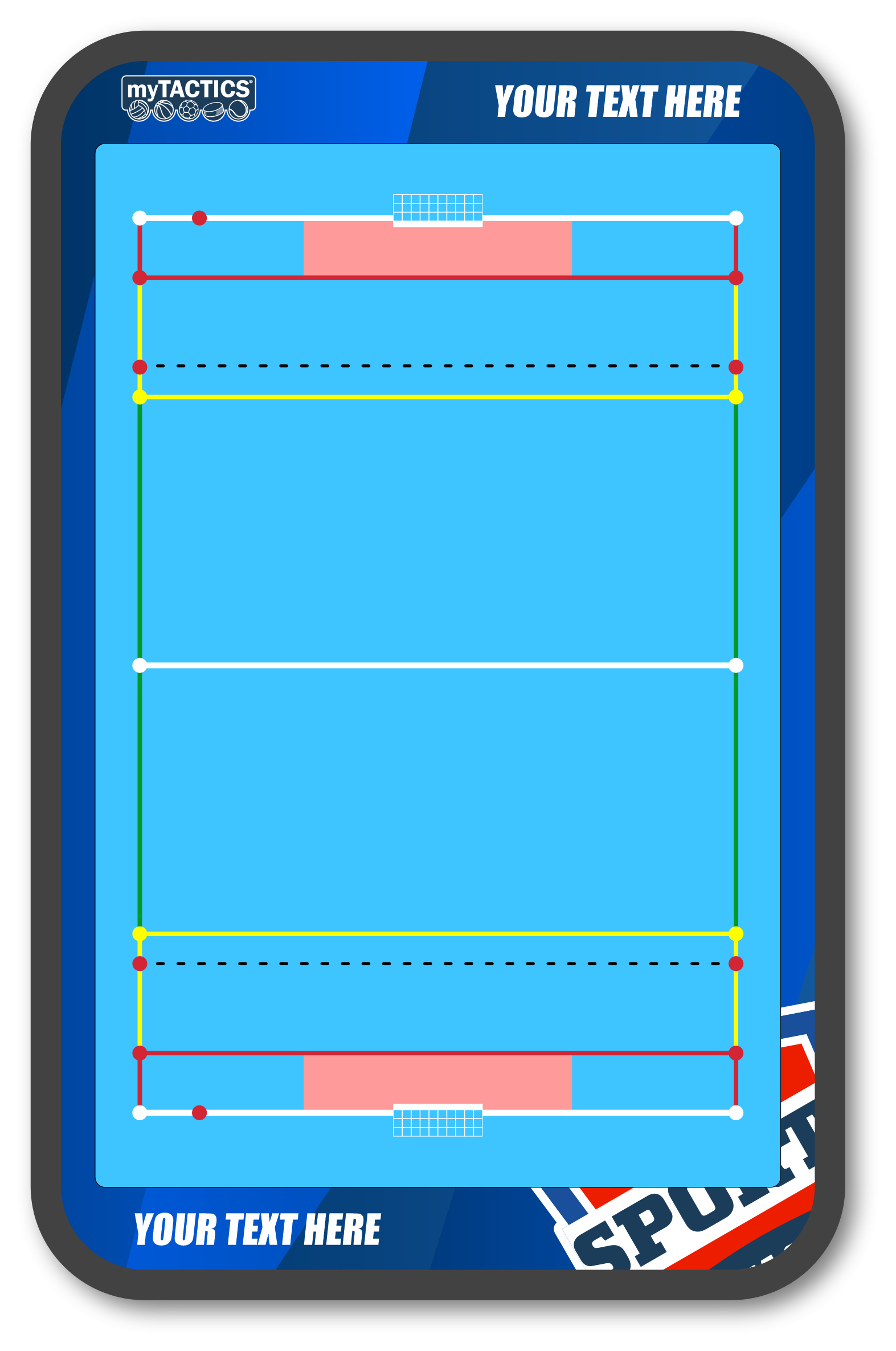 Wasserball Trainingsboard mit Spielfeldgrafik, roten und gelben Linien auf dunklem Gerät