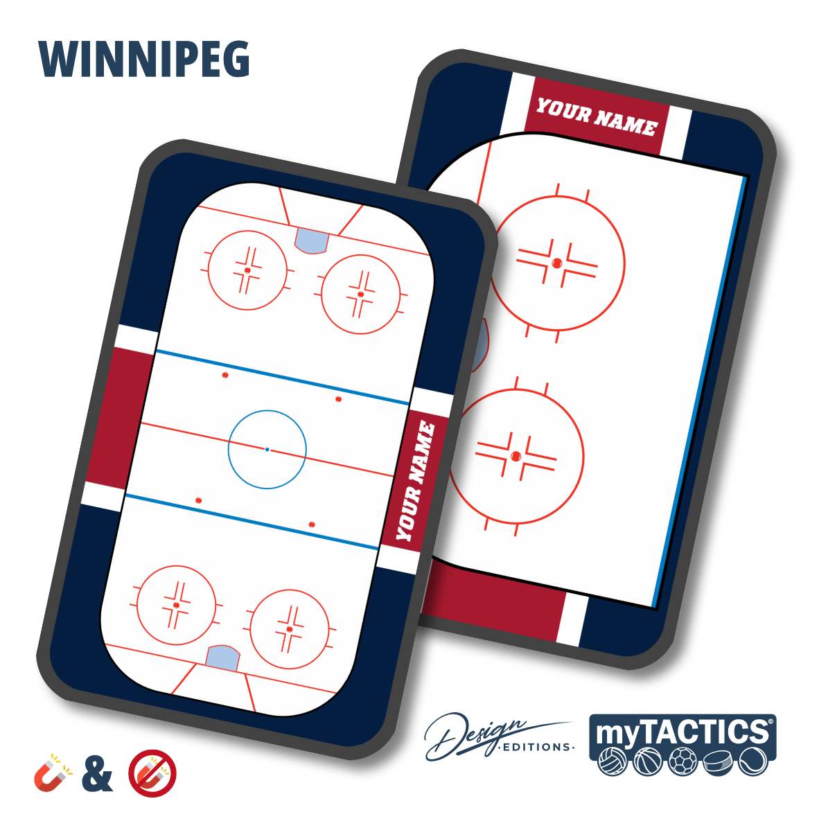 Eishockey-Taktiktafeln-Set mit zwei Magnettafeln, dunkelblauem Rahmen und roter Liniengrafik