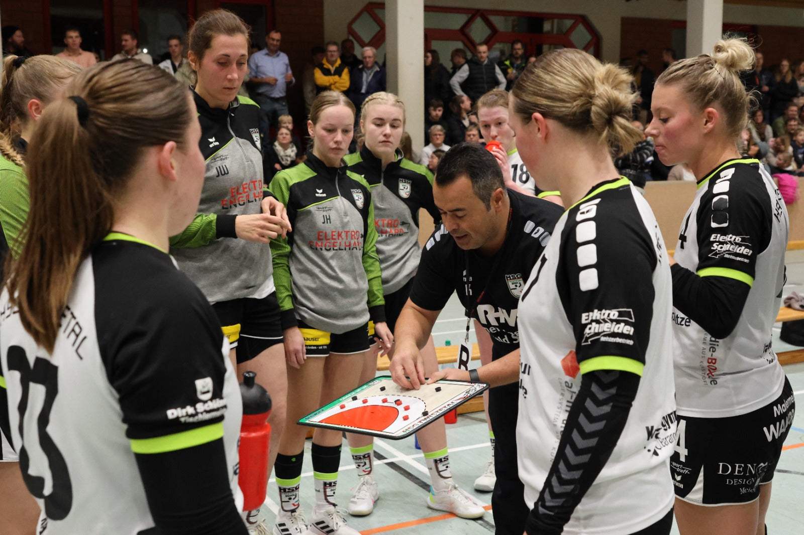 Handball-Taktikboard mit Spielfeld-Layout auf der Spieltagsfläche, Team steht darum.