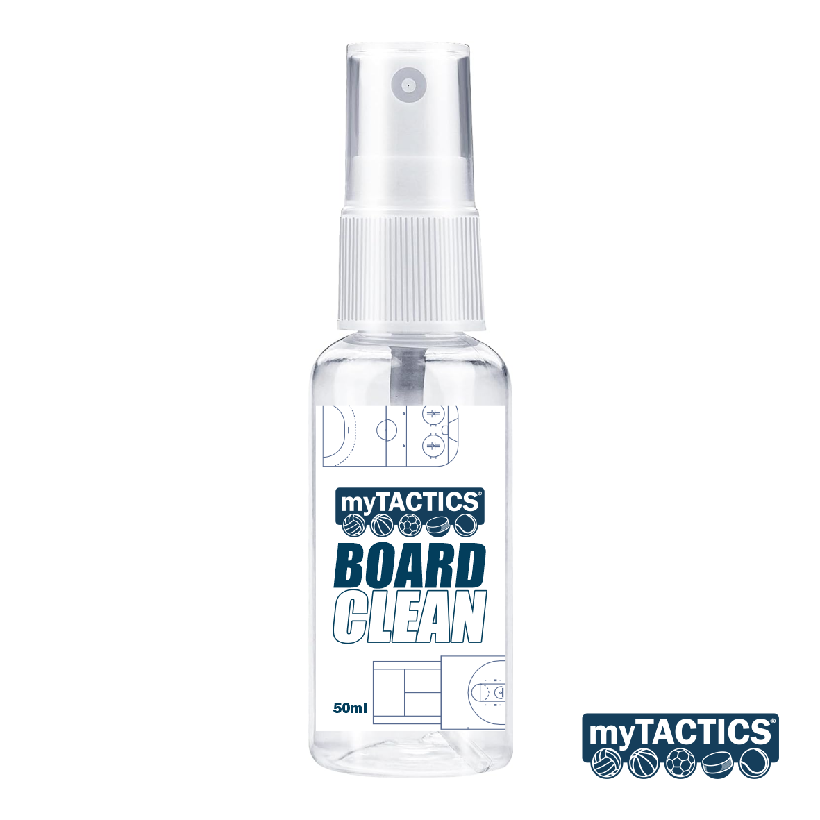 myTACTICS BOARD CLEAN Sprühflasche, transparente Flasche mit Pumpe, 50 ml