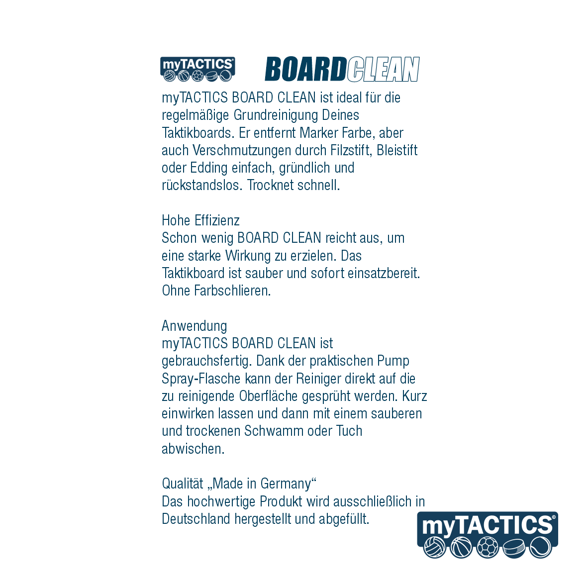 myTACTICS BOARD CLEAN Infotext, Rückseitenangaben zu Anwendung und Qualität