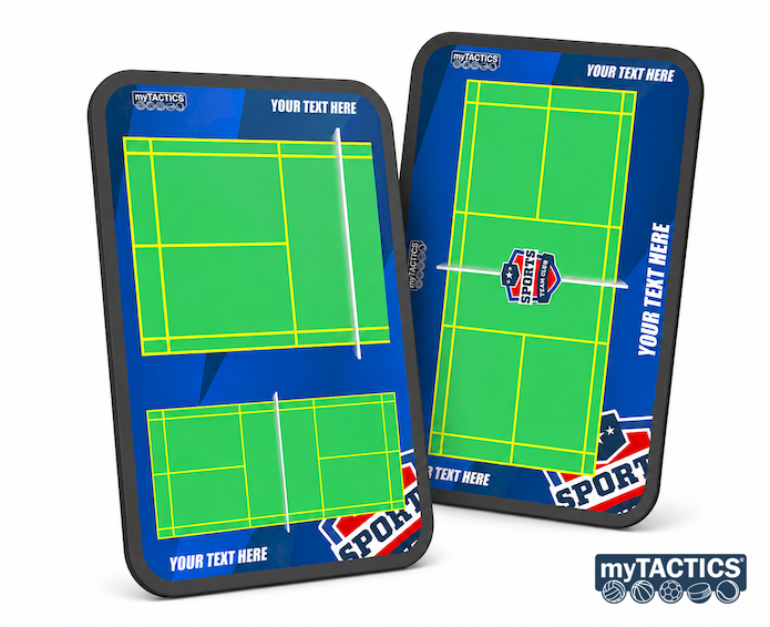 Zwei myTactics Trainingsbretter mit Badminton-Feldgrafik, dunkel gerahmt