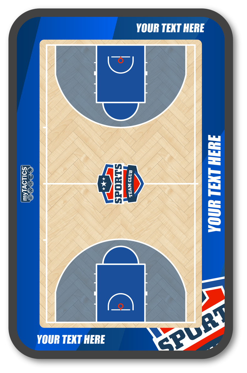 Basketball-Poster im blauen Rahmen mit Spielfeldgrafik und Zentrumslogo