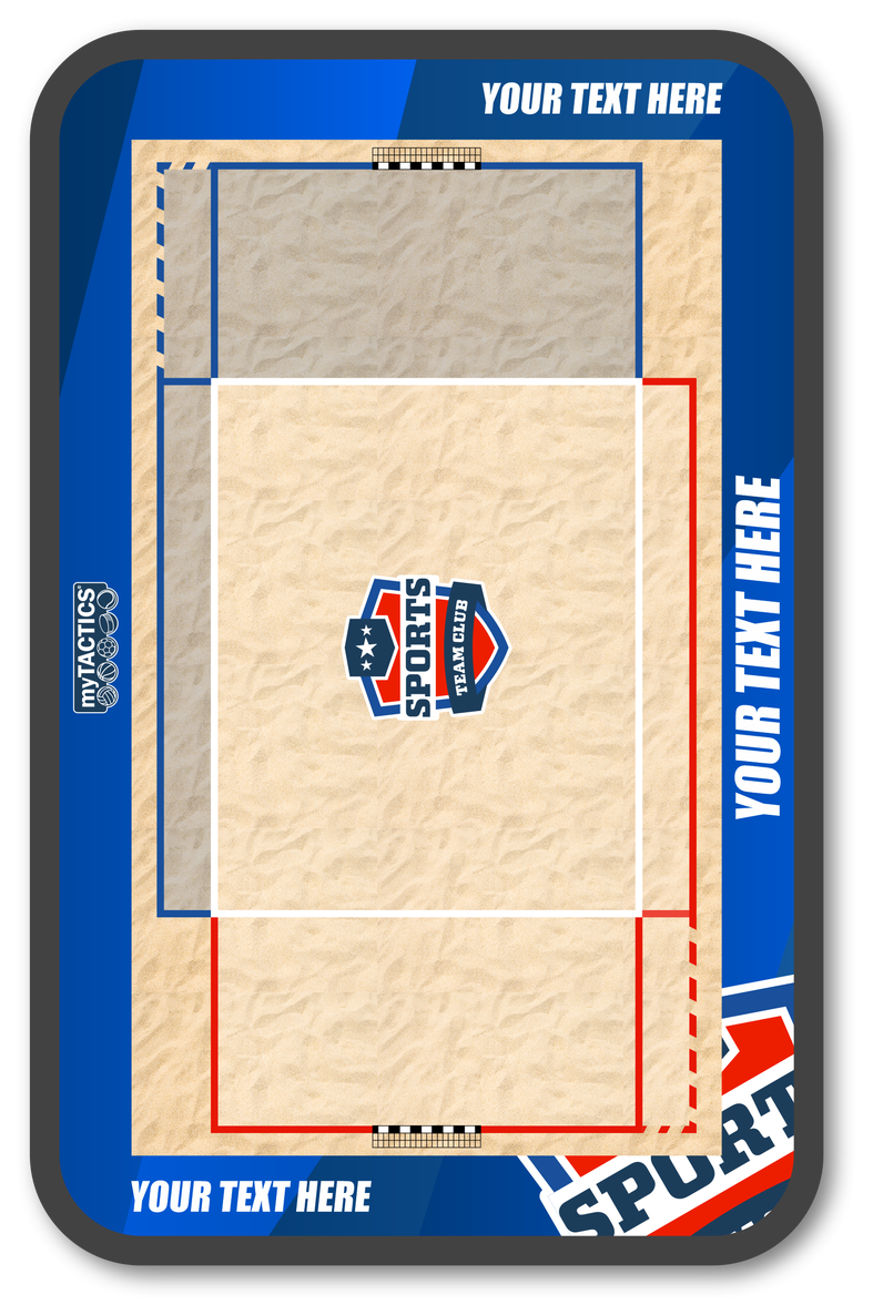 Beachhandball-Werbeplakat mit zwei beigen Rechtecken im blauen Rahmen