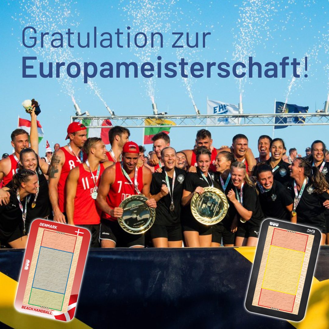 Beachhandball-Taktikboard, zwei Klappkarten mit Taktikplan in rotem und gelbem Rahmen