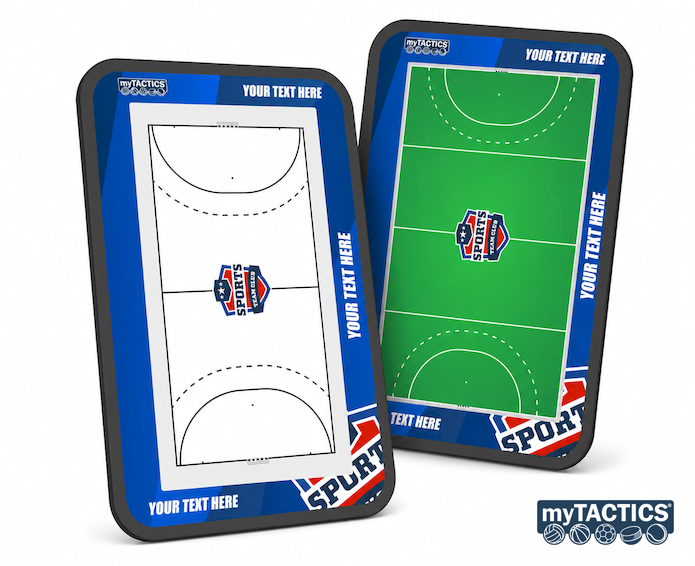 Hockey-Trainingsboard mit myTactics-Logo, zwei Displays mit Spielplan-Design