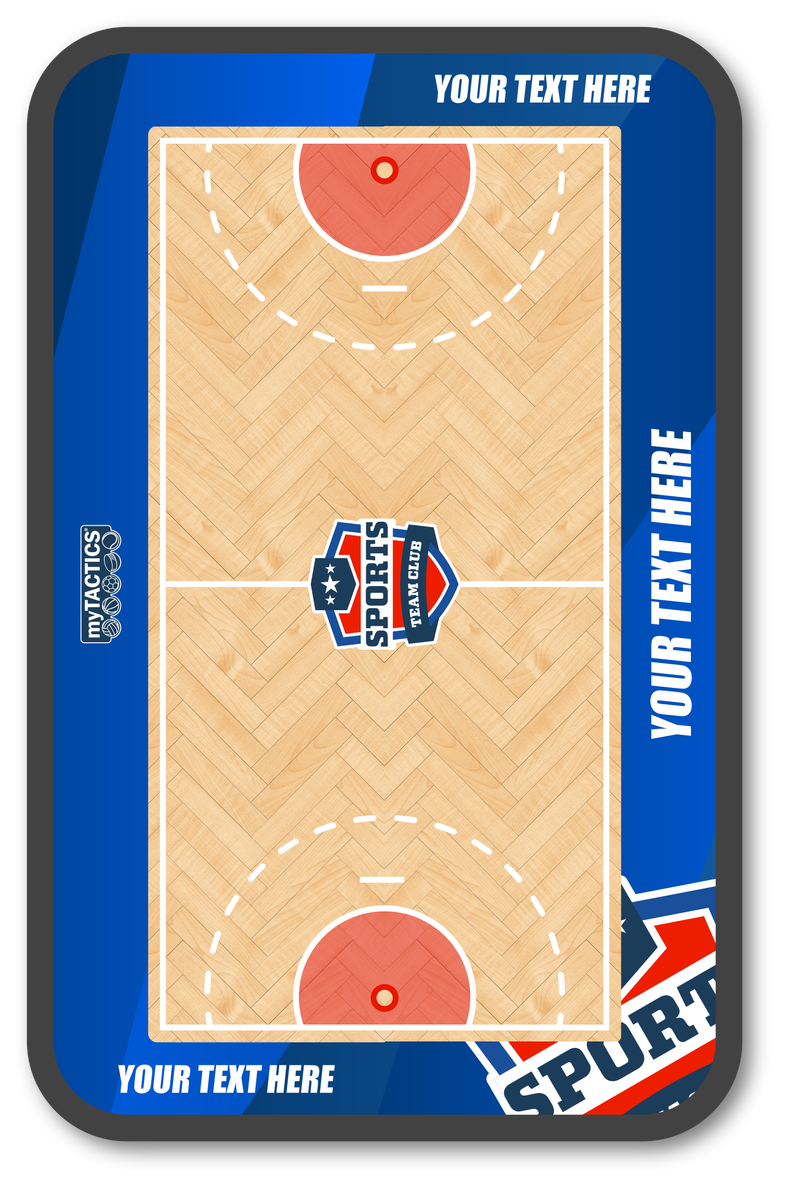 Korbball-Spielbrett mit beigem Spielfeld, orangefarbenen Zonen und blauem Rand