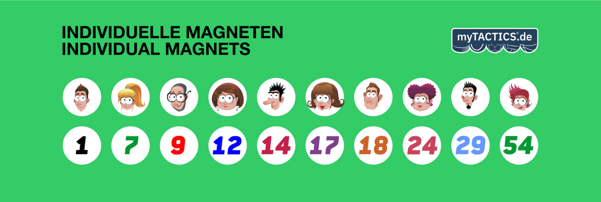 Nummerierte runde Magnete mit Cartoon-Aufklebern und bunten Zahlen, einzeln gestaltet